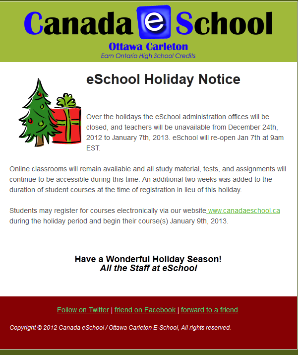 eSchool Holiday Notice